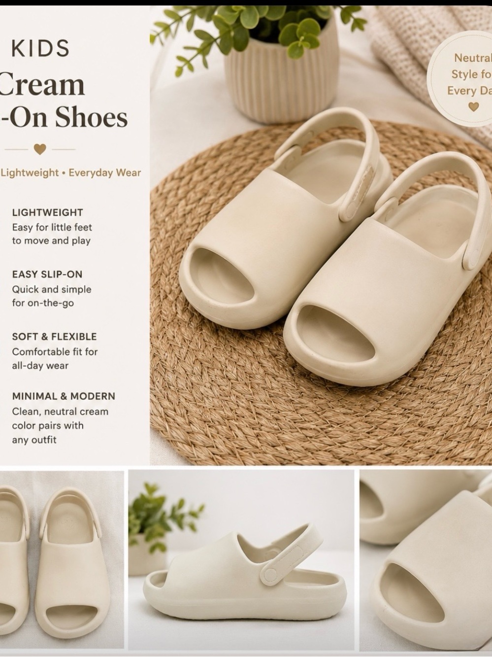 Kids Cream Slip On Slides Sandals Backstrap Size 2.5 Y